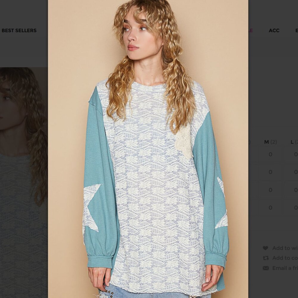 T352 POL Cream & Teal Star Long Sleeve Thermal Lace Long Top